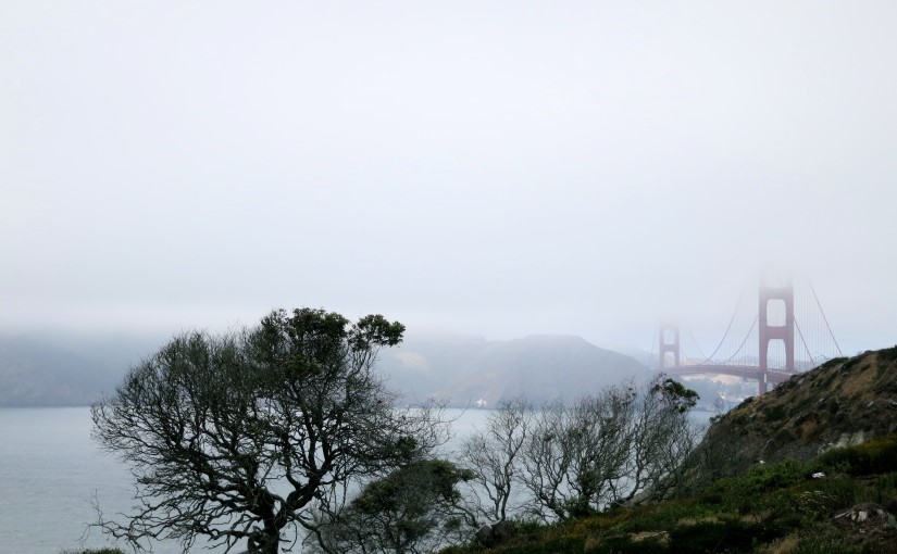 Golden Gate Bridge in fog.